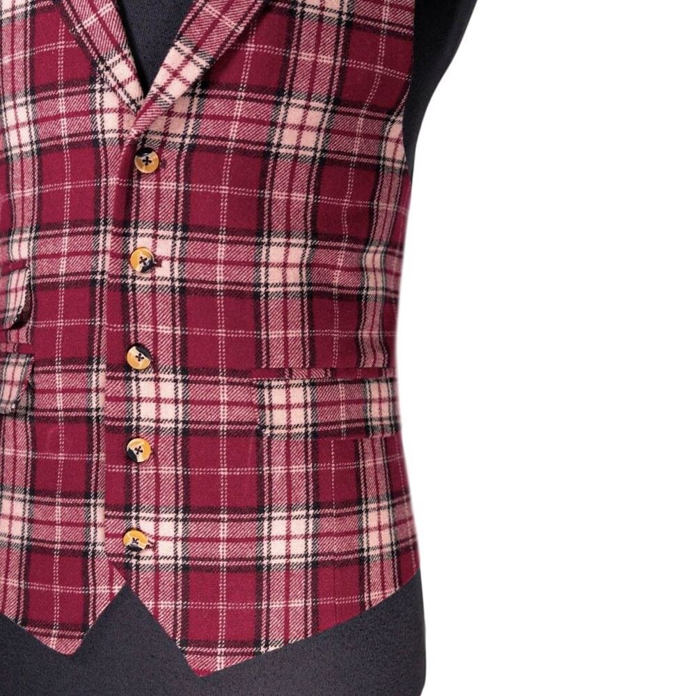 Mens 42R Wool Vest Burgundy Cream Plaid Waistcoat Classic Formal Wedding Party - Picture 6 of 10